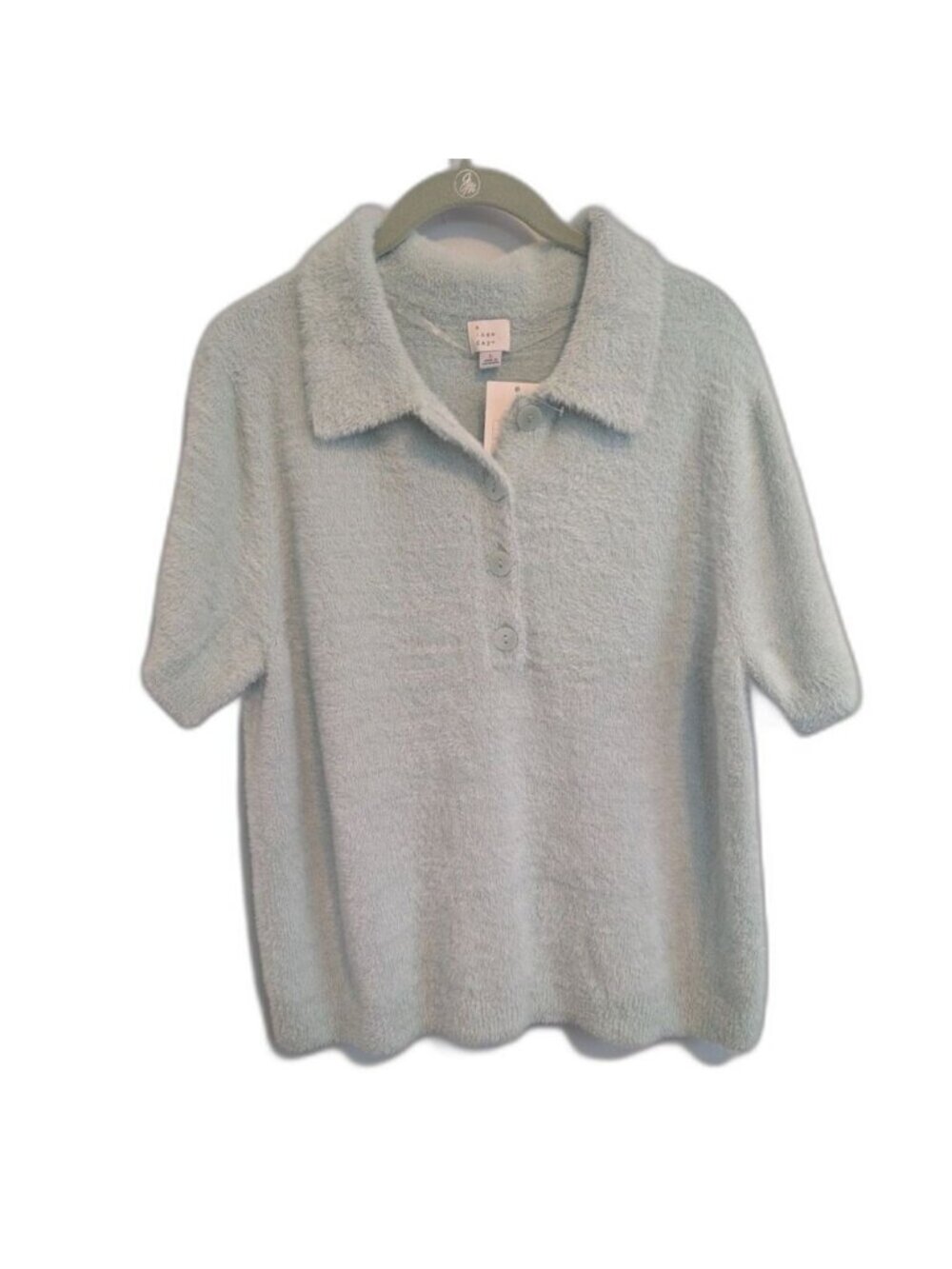 A New Day Women's Short Sleeve Sweater Polo Collar Fuzzy Light Green Shirt L